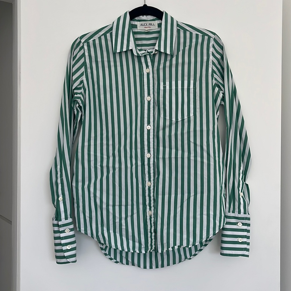 Alex Mill. Size Small. Green and white striped button down shirt.
